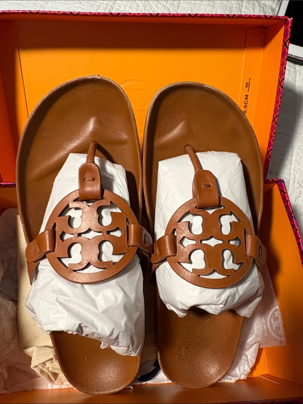 Tory Burch Tan Leather Logo Toe-Post Sandals